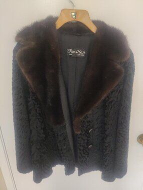 Vintage REVILLON PARIS NEW YORK Black Persian Lamb and Sheared Mink Fur Coat